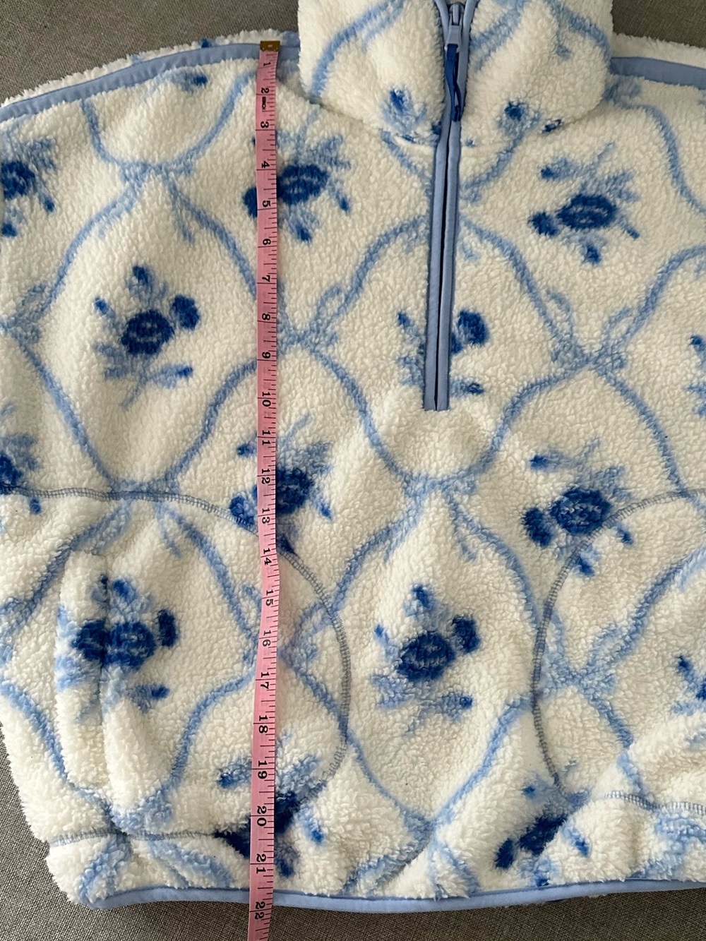 Cream and Light Blue Floral Sherpa Half-Zip Jacket- TALL - Picture 9 of 12